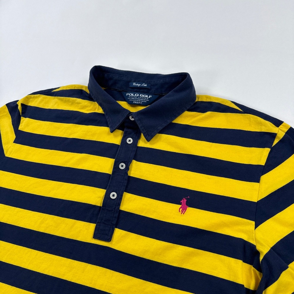 Polo Golf Ralph Lauren Mens XXL Striped Lisle Polo Shirt Yellow Navy Pima Read